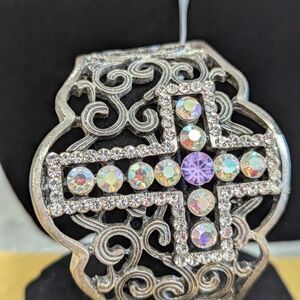 AB Crystals/Pewter Unbranded Hinged Cuff Filigree Cross Bracelet  SKU 124855